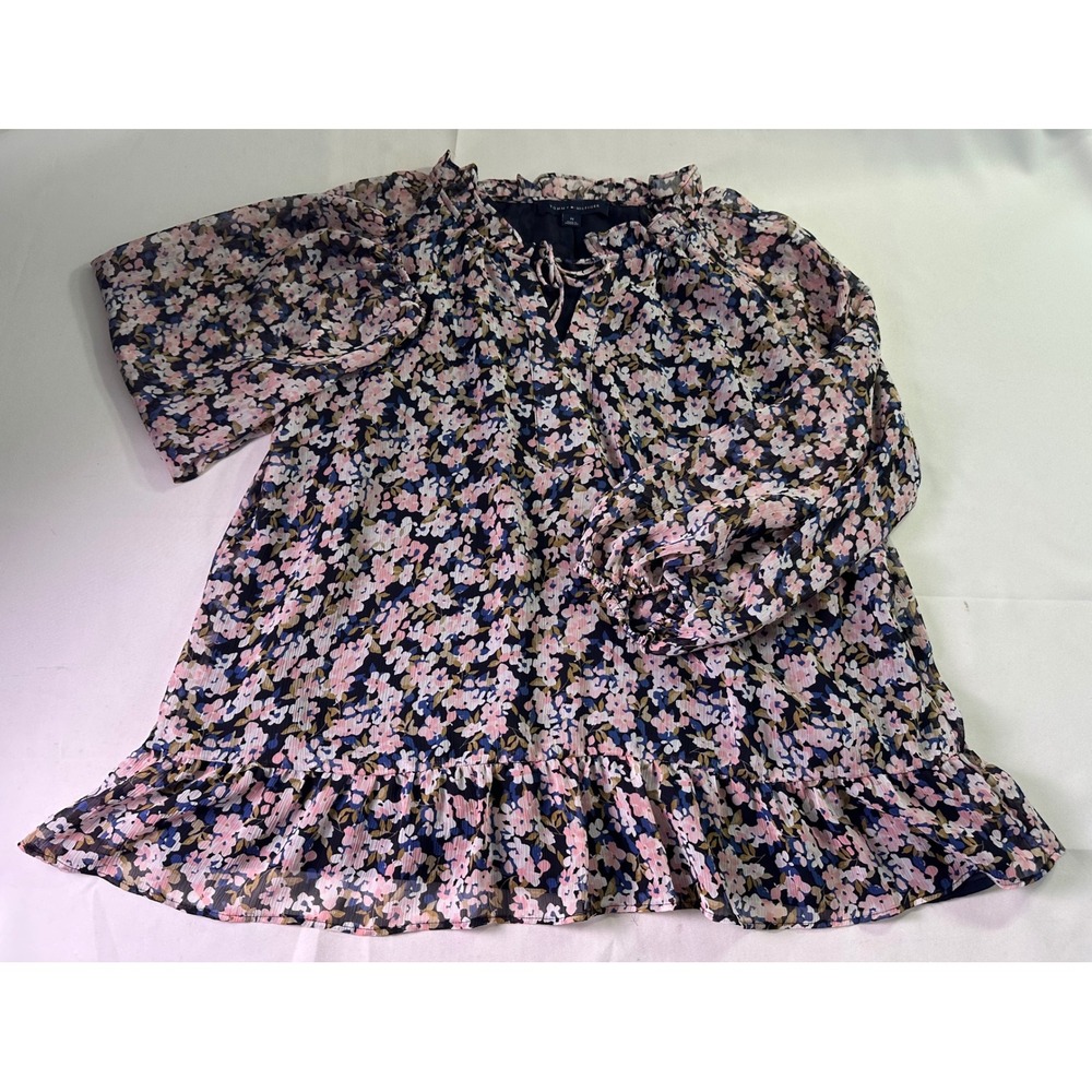 Tommy‎ Hilfiger Womens Floral Peasant Blouse Navy Pink Split Neck Ruffle Hem M